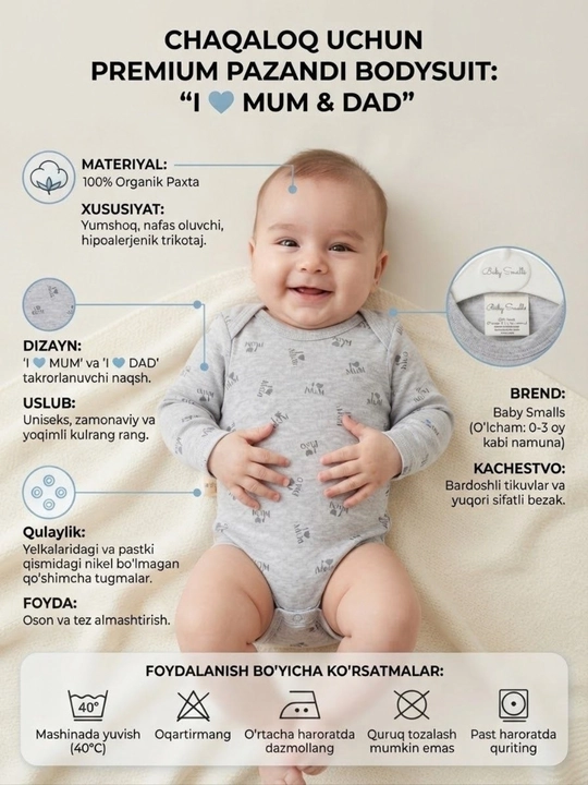 Chaqaloqlar uchun bodi I Love Mum & Dad, 100% organik paxta, uzun yengli bodi-kombinezon