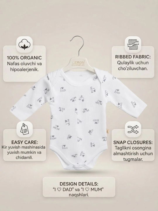 Боди детское длинный рукав I Love Mum & Dad, 100% органический хлопок, боди-комбинезон для новорожденных
