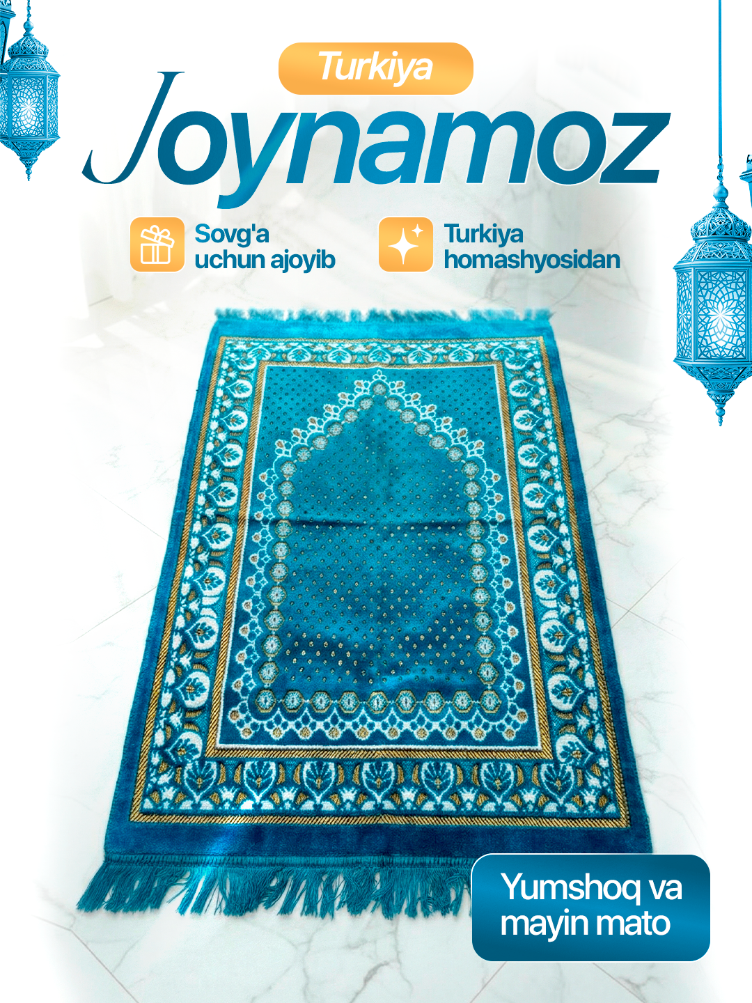 Joynamoz Turkiya, yumshoq va sifatli materialdan, 110*70 sm, namozni bajarishda ko'makchi - 