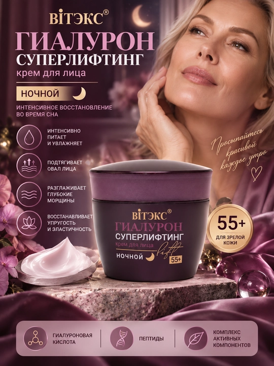 Крем для лица Витэкс Гиалурон Lift ночной возраст 55+, 45 мл - 
