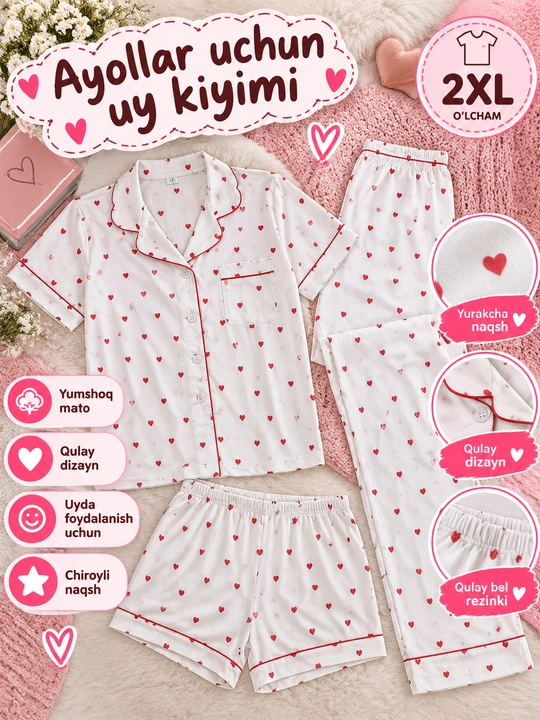 Ayollar uchun uy pijamasi, ko‘ylak va shimdan iborat to‘plam, yurakchali naqshli kiyim 2XL - 