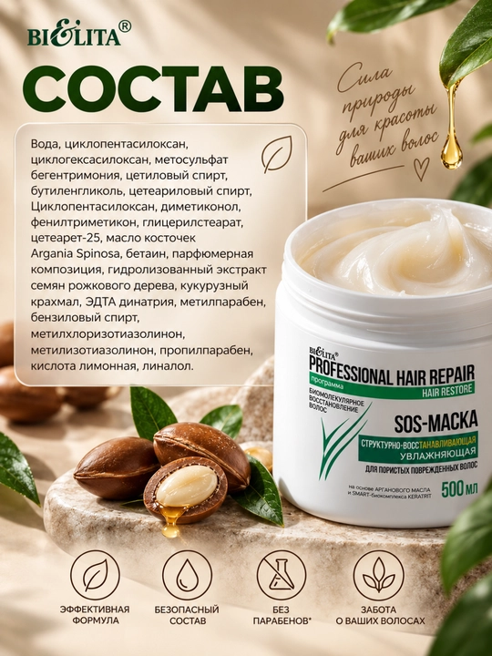 SOS-маска HAIR Repair структурно-восстанавливающая увлажняющая, 500 мл, Белита