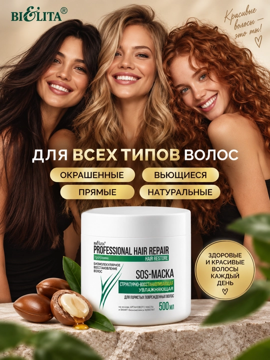 SOS-маска HAIR Repair структурно-восстанавливающая увлажняющая, 500 мл, Белита