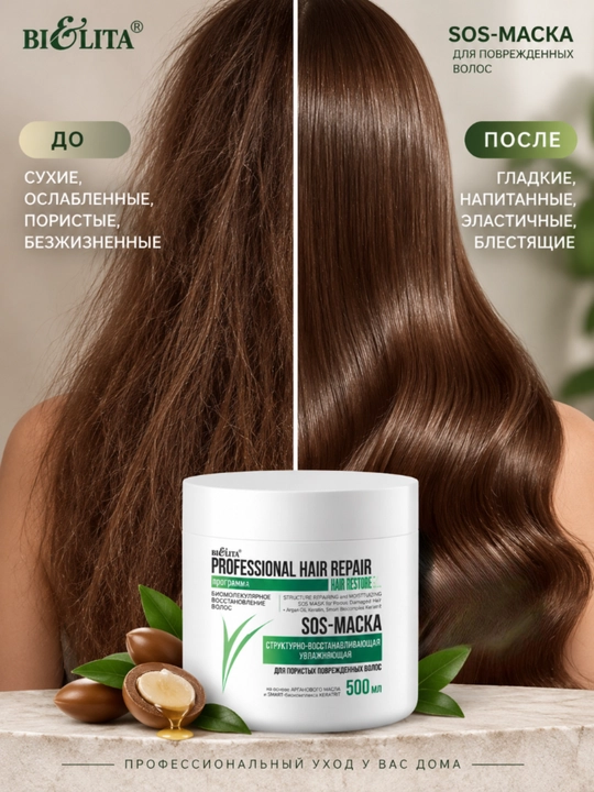 SOS-маска HAIR Repair структурно-восстанавливающая увлажняющая, 500 мл, Белита