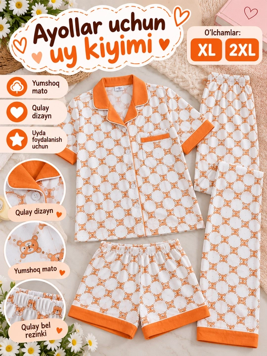 Ayollar uchun uy pijamasi, ko‘ylak, shim va shortik to‘plami, yumshoq mato, XL–2XL o‘lcham - 