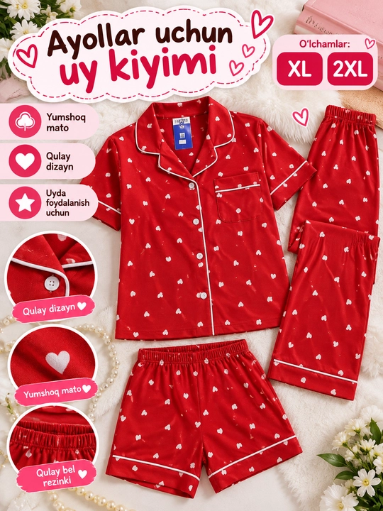 Ayollar uchun uy pijamasi, ko‘ylak, shim va shortik to‘plami, yumshoq mato, XL–2XL o‘lcham - 