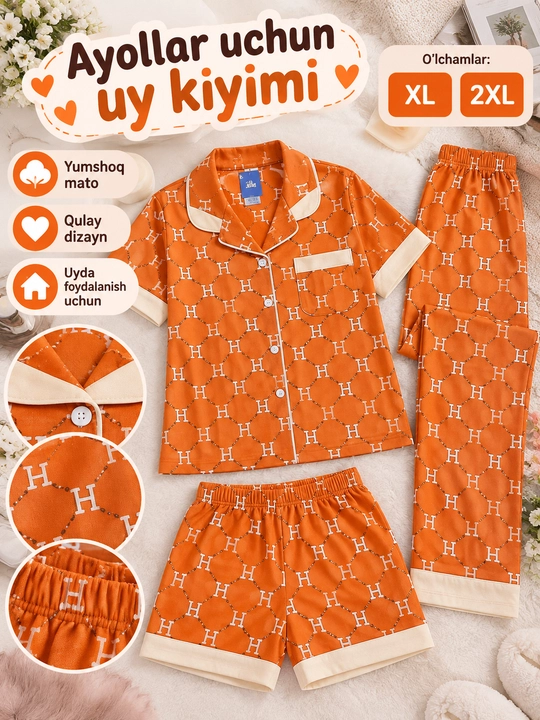 Ayollar uchun uy pijamasi, ko‘ylak, shim va shortik to‘plami, yumshoq mato, XL–2XL o‘lcham - 