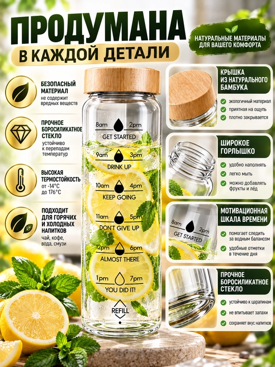 Бутылка для воды стеклянная шейкер, спортивная с мерной шкалой и крышкой, прозрачная
