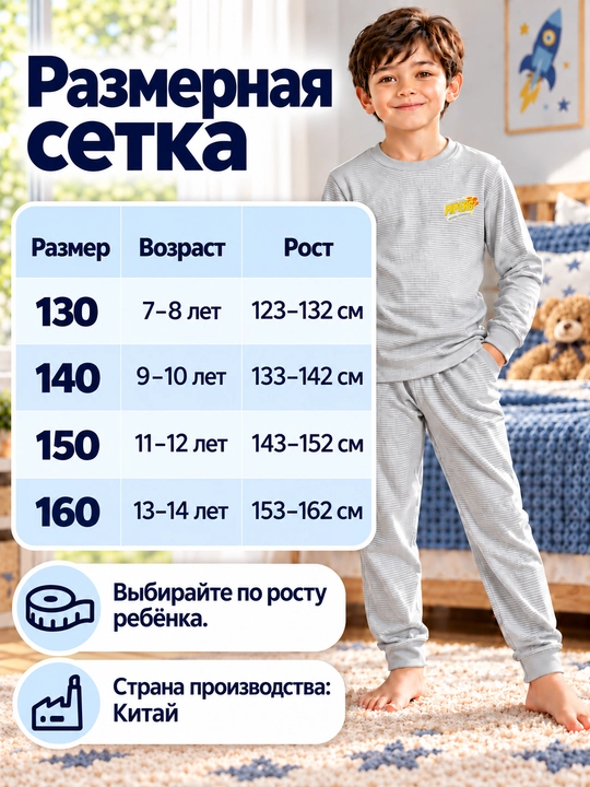 Детская пижама с длинным рукавом для мальчиков и девочек, 7–14 лет