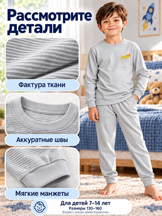 Детская пижама с длинным рукавом для мальчиков и девочек, 7–14 лет