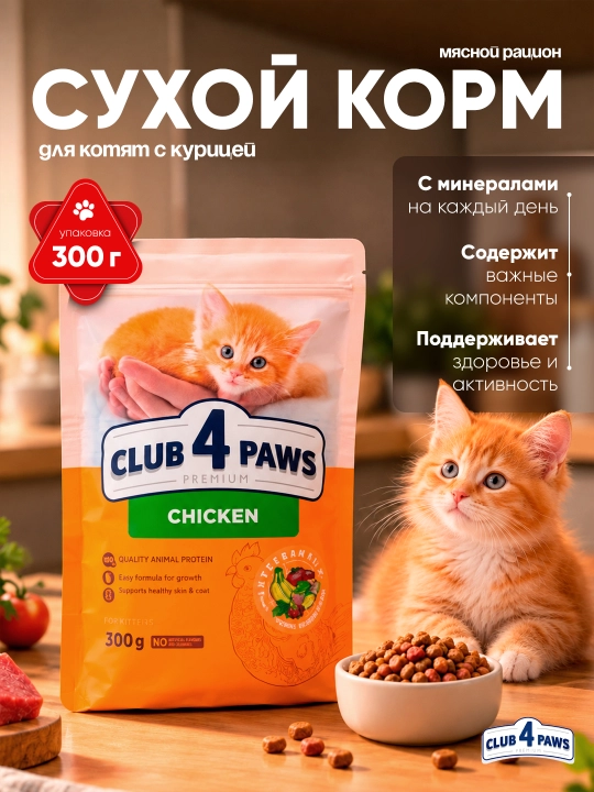Club 4 Paws сухой корм для котят, с курицей, 0,3 кг - 