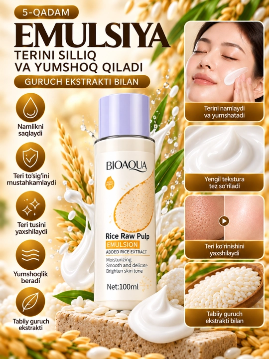 BIOAQUA Rice Raw Pulp 6 qismli yuz parvarishi to‘plami, guruch ekstrakti
