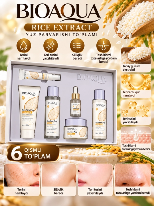 BIOAQUA Rice Raw Pulp 6 qismli yuz parvarishi to‘plami, guruch ekstrakti - 