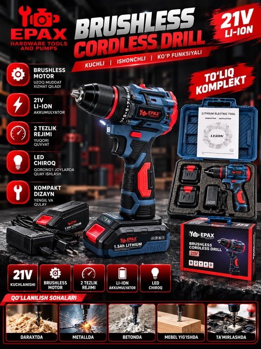 EPAX 21V Brushless - akkumulyatorli burama mix buragich, 2 tezlikda - 