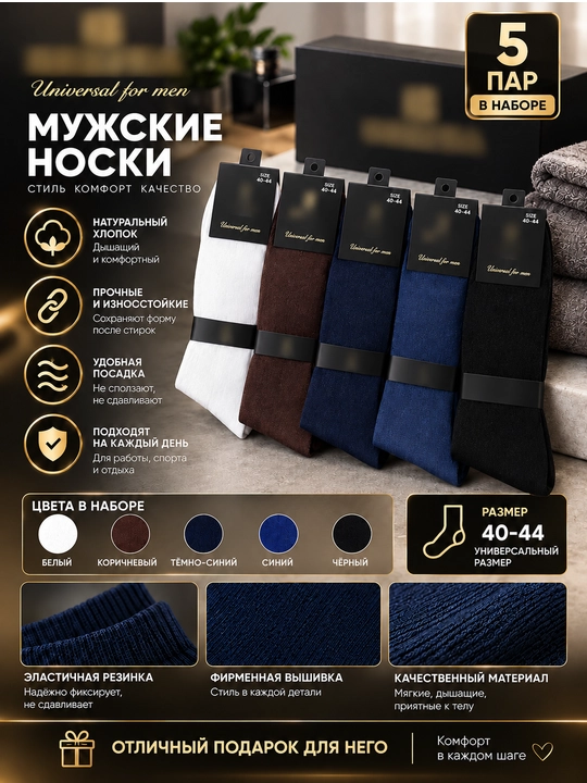Мужские носки хлопок 90%, набор 5 пар, высокие, повседневные - 