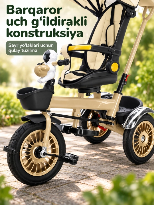 Ota-ona dastasi va soyabonli bolalar uch g'ildirakli velosiped-aravachasi