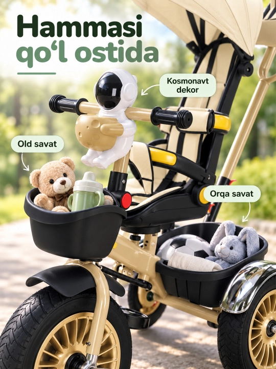 Ota-ona dastasi va soyabonli bolalar uch g'ildirakli velosiped-aravachasi
