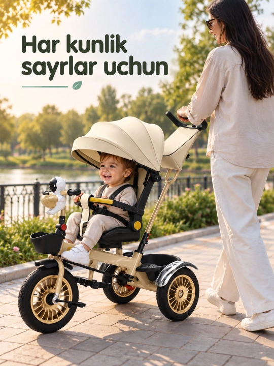 Ota-ona dastasi va soyabonli bolalar uch g'ildirakli velosiped-aravachasi