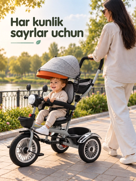 Ota-ona dastasi va soyabonli bolalar uch g'ildirakli velosiped-aravachasi