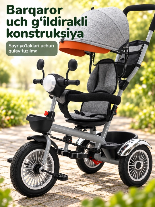 Ota-ona dastasi va soyabonli bolalar uch g'ildirakli velosiped-aravachasi