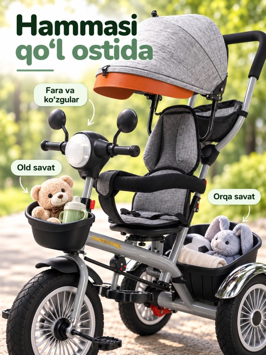 Ota-ona dastasi va soyabonli bolalar uch g'ildirakli velosiped-aravachasi