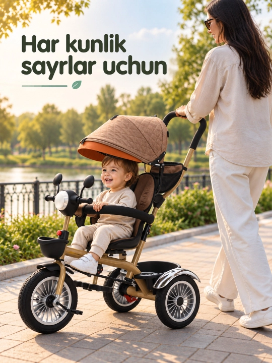 Ota-ona dastasi va soyabonli bolalar uch g'ildirakli velosiped-aravachasi