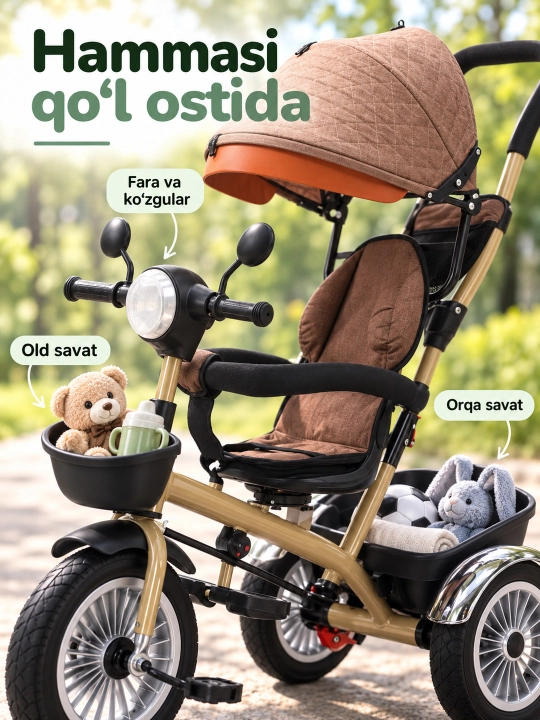 Ota-ona dastasi va soyabonli bolalar uch g'ildirakli velosiped-aravachasi