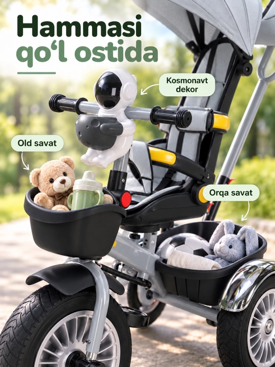 Ota-ona dastasi va soyabonli bolalar uch g'ildirakli velosiped-aravachasi