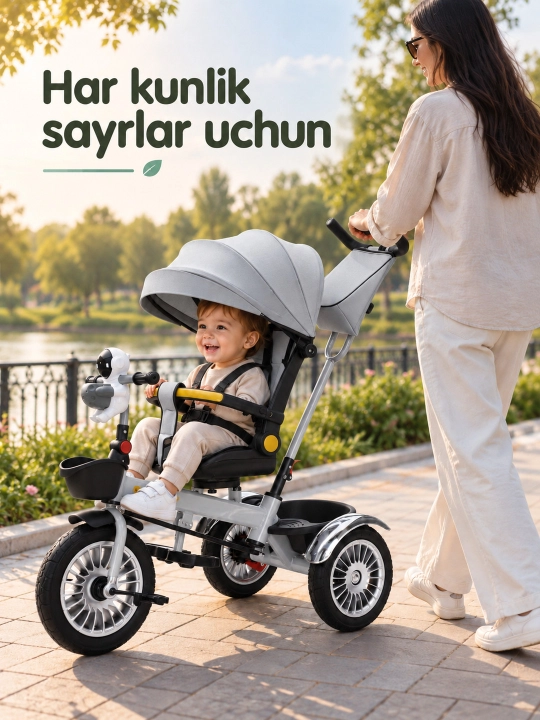 Ota-ona dastasi va soyabonli bolalar uch g'ildirakli velosiped-aravachasi