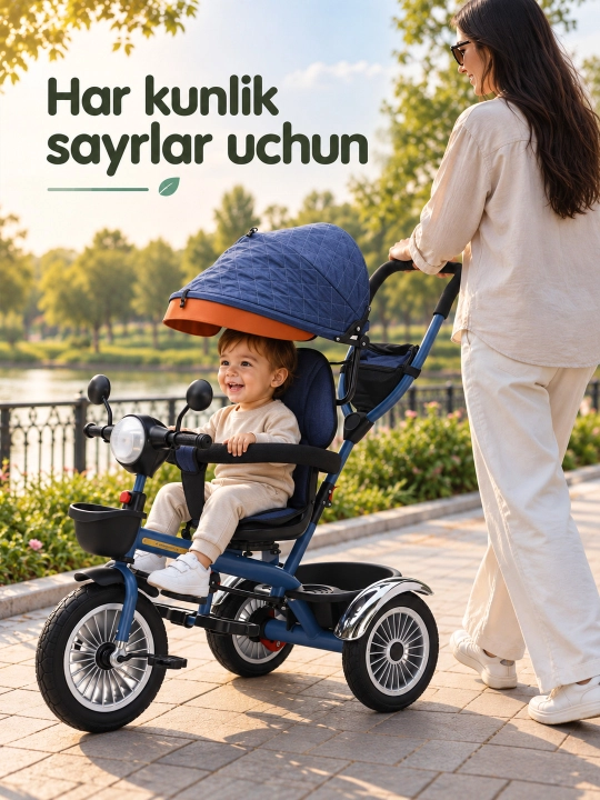 Ota-ona dastasi va soyabonli bolalar uch g'ildirakli velosiped-aravachasi