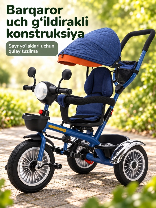 Ota-ona dastasi va soyabonli bolalar uch g'ildirakli velosiped-aravachasi