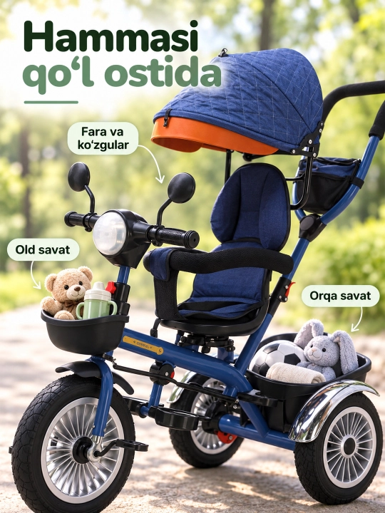Ota-ona dastasi va soyabonli bolalar uch g'ildirakli velosiped-aravachasi