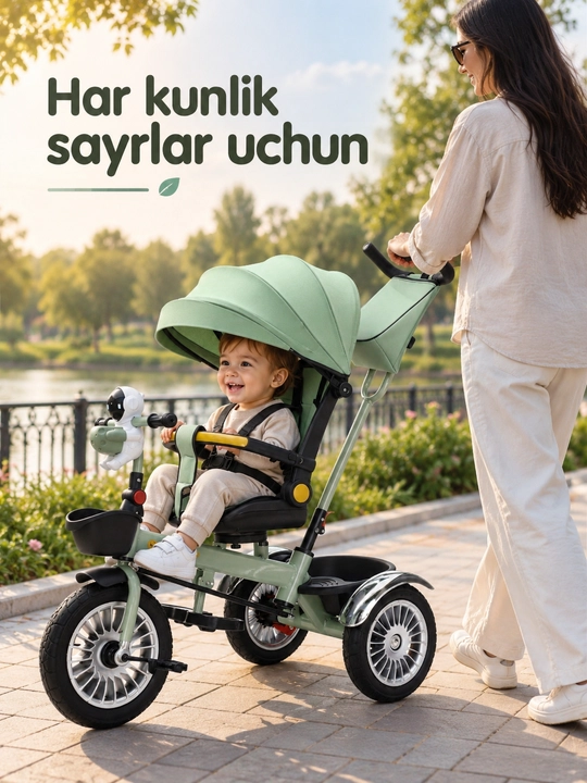 Ota-ona dastasi va soyabonli bolalar uch g'ildirakli velosiped-aravachasi