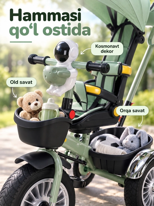 Ota-ona dastasi va soyabonli bolalar uch g'ildirakli velosiped-aravachasi