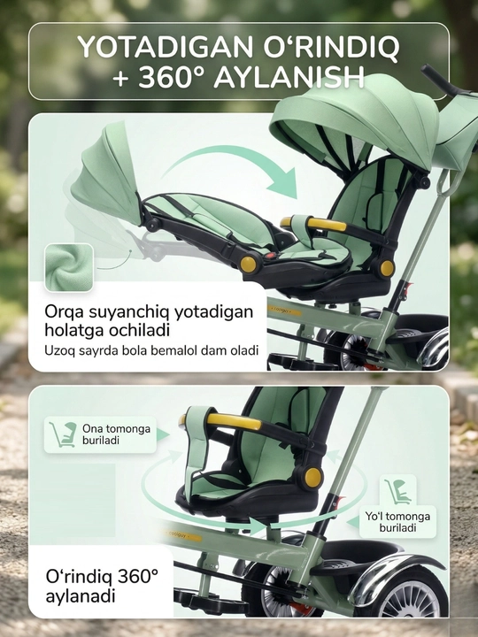 Ota-ona dastasi va soyabonli bolalar uch g'ildirakli velosiped-aravachasi