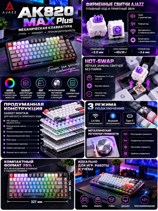 Механическая игровая клавиатура для геймеров AJAZZ AK820 MAX Plus - 