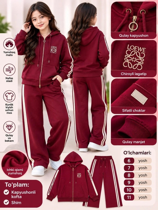 Qizlar uchun bordo sport kostyum dvoyka, huddi va keng shim