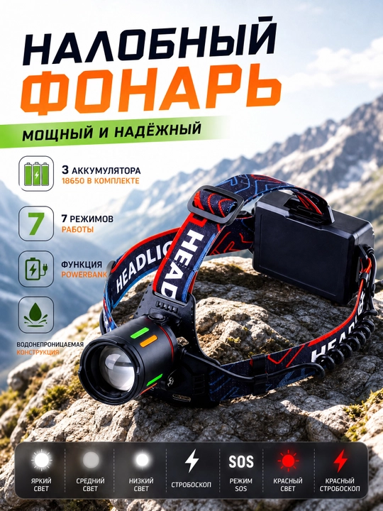 Powerbank funksiyali, orqa chiroqli boshga taqiladigan fonar, 7 ta rejim - 