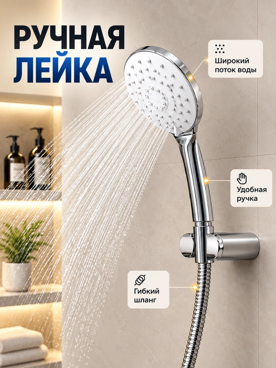 Dush tizimi uchun dumaloq qo‘l dushi, xromlangan, egiluvchan shlangli