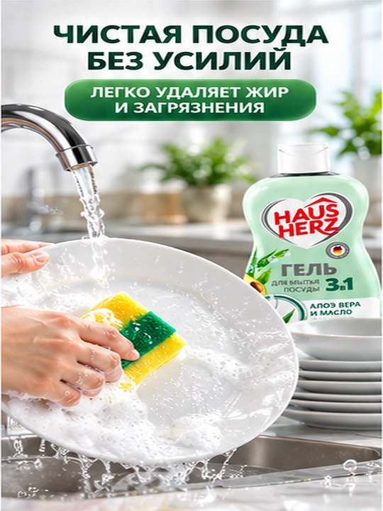 Гель для мытья посуды, Haus Herz, "Нежные ручки", эффективное удаление жира, густая формула