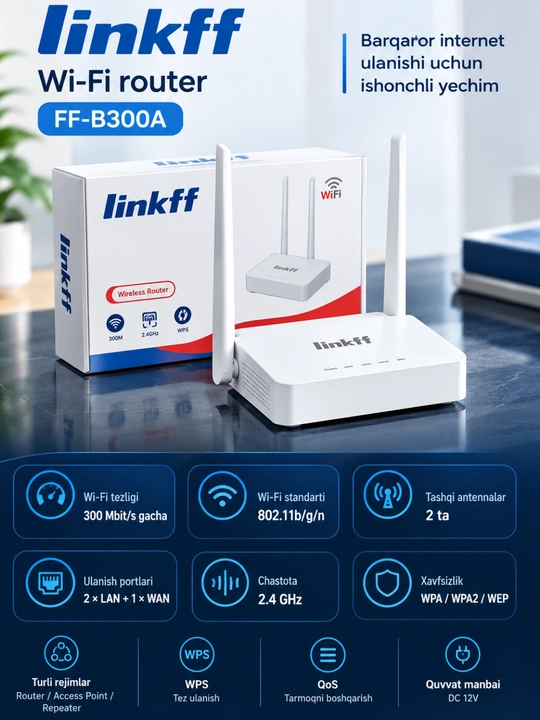 Wi-Fi роутер Linkff FF-B300A, 300 Мбит/с, 2.4 ГГц, 2 LAN + WAN - 