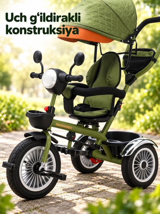 Ota-ona dastasi va soyabonli bolalar uch g'ildirakli velosiped-aravachasi