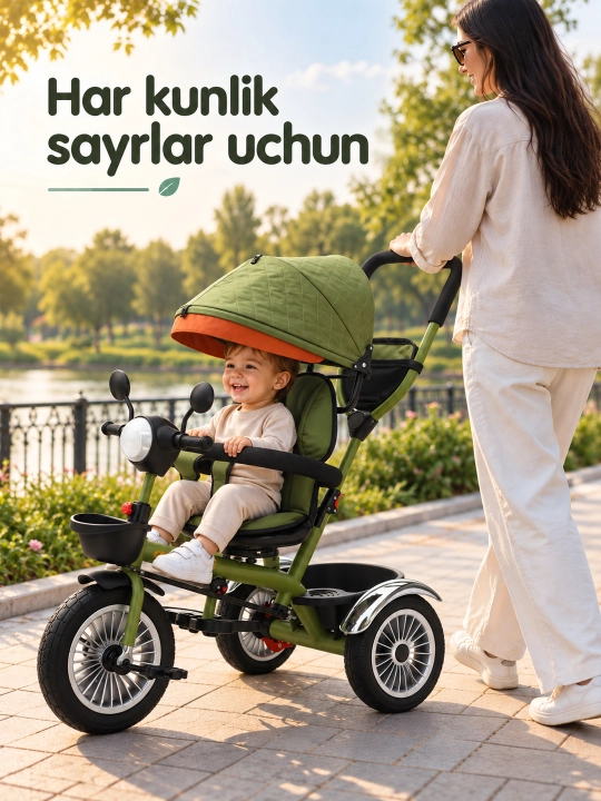 Ota-ona dastasi va soyabonli bolalar uch g'ildirakli velosiped-aravachasi