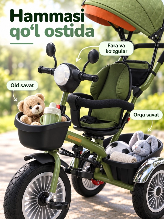 Ota-ona dastasi va soyabonli bolalar uch g'ildirakli velosiped-aravachasi