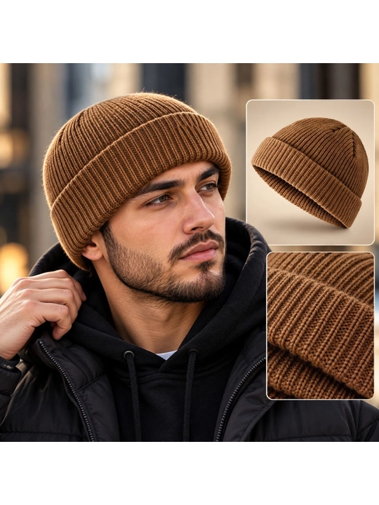 Erkaklar uchun to‘qilgan beanie shapka, issiq yumshoq qishki bosh kiyim