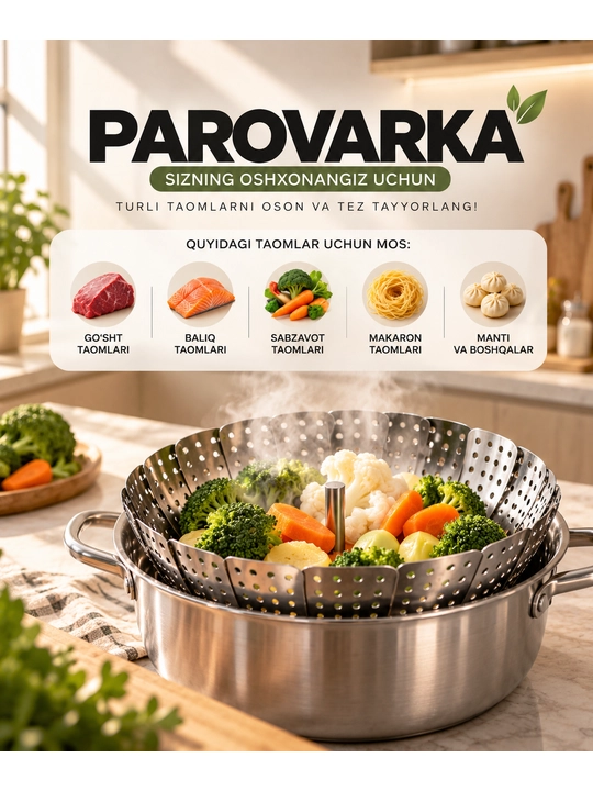 Parovarka, bug'da pishirish uchun, sog'lom ovqatlar uchun