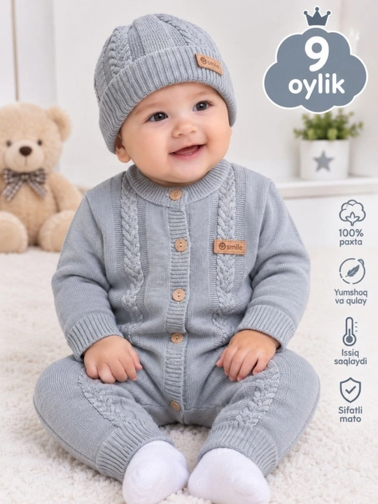 Chaqaloqlar uchun issiq trikotaj komplekt  chiroyli to'qilgan qalpoqcha va kombinezon - 