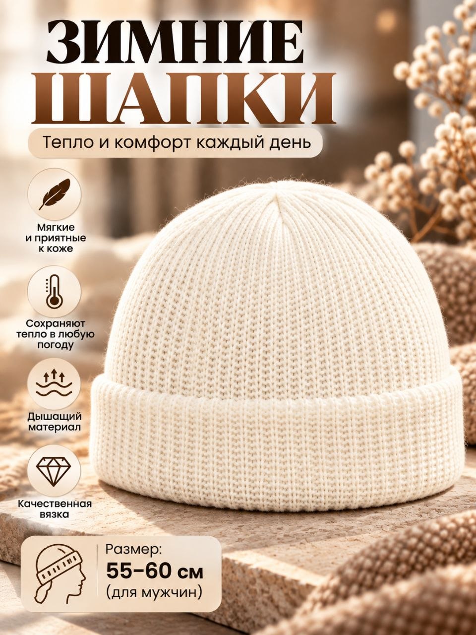 Мужская вязаная шапка бини, тёплый мягкий зимний головной убор - 