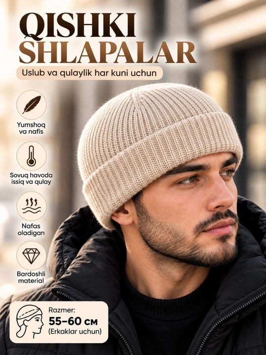 Erkaklar uchun to‘qilgan beanie shapka, issiq yumshoq qishki bosh kiyim