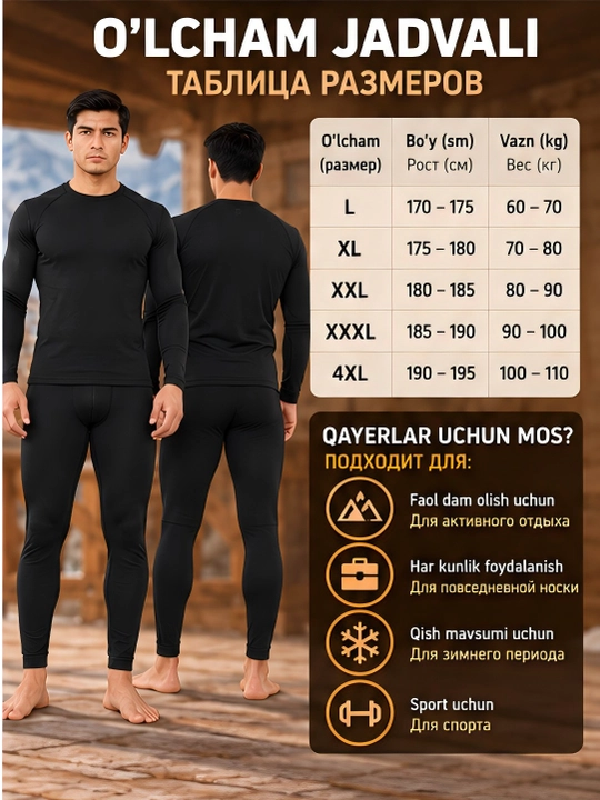 Erkaklar uchun issiq ichki kiyim, junli issiq to‘plam